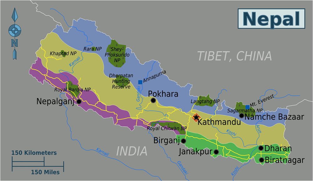 la carte du népal avec Pokhara et Kathmandu 